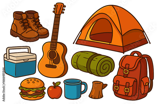 Summer camping essentials icon set. Outdoor adventure and hiking equipment collection. Vector cartoon illustration of tent, backpack, boots, sleeping bag, guitar and food.