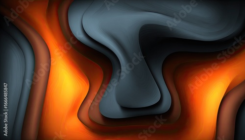 Abstract layered design in deep blues, oranges, and browns