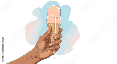 A person's hand holding a melting ice cream cone on a summer day, evoking sweet enjoyment and refreshing coolness