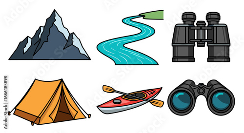Adventure-themed outdoor equipment illustration including mountains, river, binoculars, kayak and tent