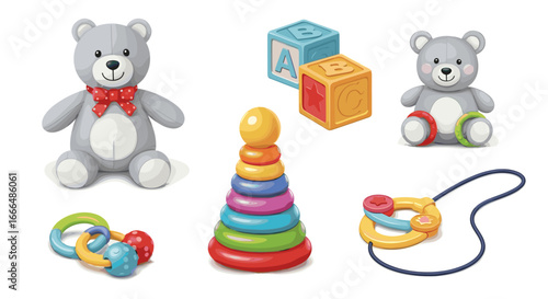 Collection of colorful toys including teddy bears, blocks, and a ring stacker, all of which offer fun, play and creativity