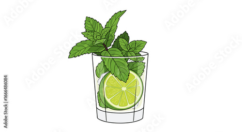 A refreshing glass of water with fresh mint leaves and lime slice. Perfect for a hot summer day!