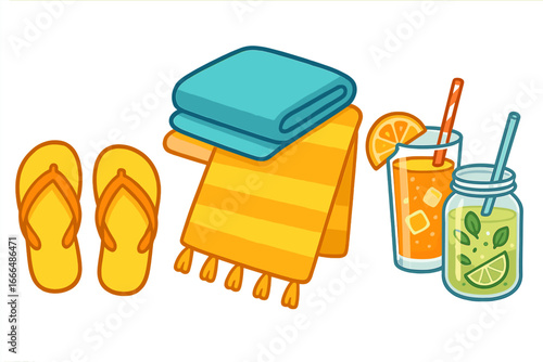 Beach vacation essentials set. Summer travel items collection. Vector cartoon icons of flip flops, towels, orange juice and mojito. Holiday and relaxation concept graphic.