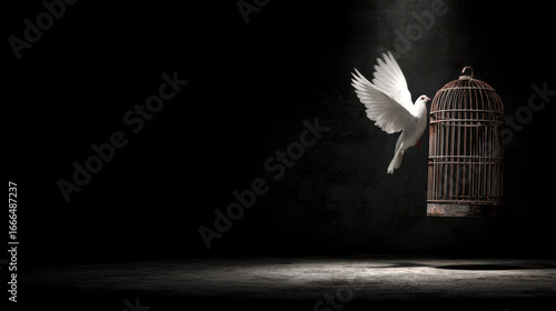 White dove is flying out of open birdcage, symbolizing freedom and hope. dark background enhances contrast, creating dramatic and emotional scene