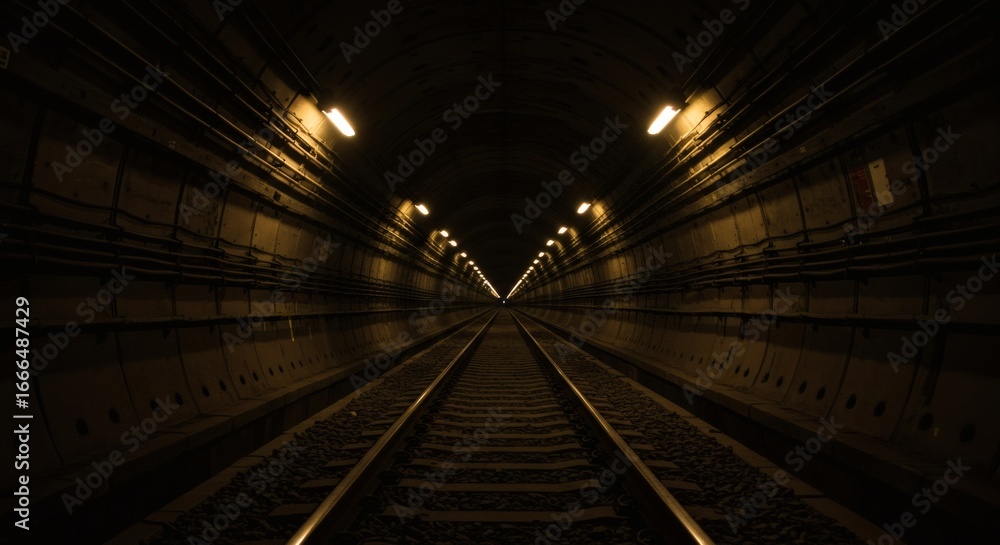 Obraz premium Subway Tunnel Vision Tracks Vanish Into Infinity with Lit by Glowing Lights.