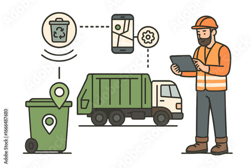 Smart waste management technology concept. IoT sensor in trash bin for efficient garbage collection. Worker with tablet coordinates garbage truck route via GPS for recycling.