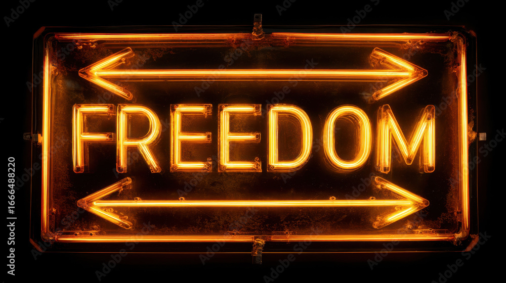 Obraz premium Neon sign illuminated freedom bright glowing vintage retro signage arrows night urban message light decorative bold expression art design culture symbol creativity illumination aesthetic vibrant