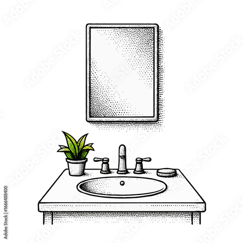 Bathroom sink with mirror and plant in black and