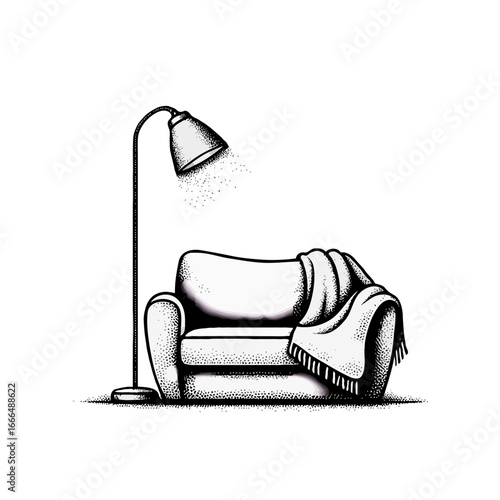Detailed black and drawing an armchair with lamp
