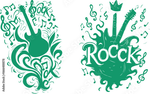 Green rock music silhouette designs with musical notes and swirls isolated on transparent background