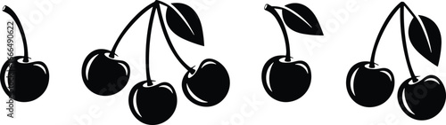 Black cherry silhouette set, fruit icon collection, stem and leaf variations, isolated vector, food design, botanical illustration, clipart