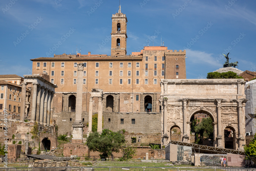 Fototapeta premium Rome, Italy - August 17, 2019: View of the ancient structures of the Roman Forum