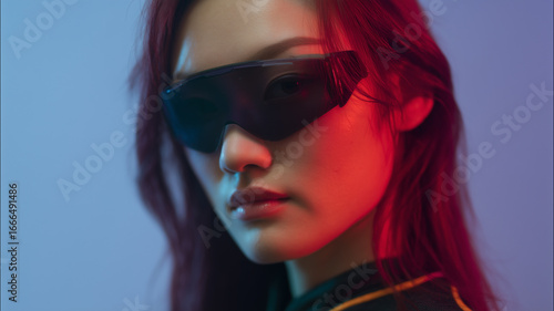Wallpaper Mural Korean female with cyberpunk style, medium length red hair, futuristic sunglasses, confident expression, neon lighting, portrait Torontodigital.ca