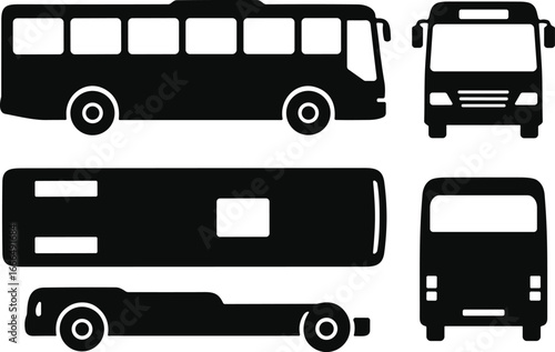Bus silhouette icons, city bus, RV, trailer, front view, transport vehicle, black vector set, public transit, transportation graphic