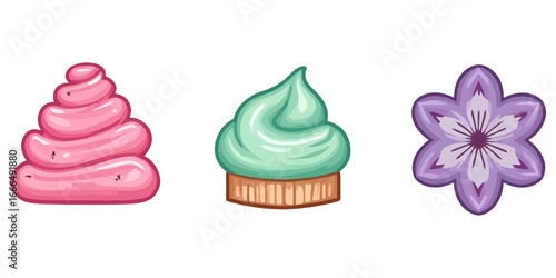 Cute swirls and flower shapes desserts and sweet treats icons for design illustration