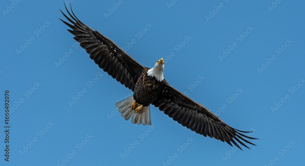 Naklejka premium Majestic Bald Eagle in Flight Against a Vivid Blue Sky