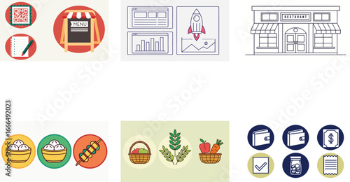 Business and food icons set with restaurant and QR code