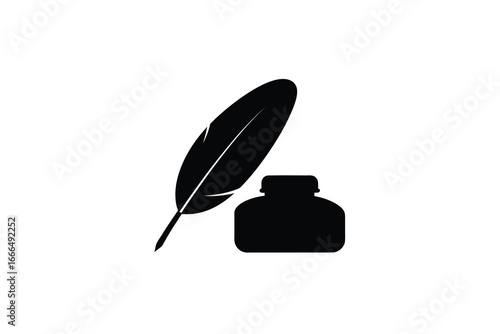 A black feather and inkwell on a white background in simple silhouette style