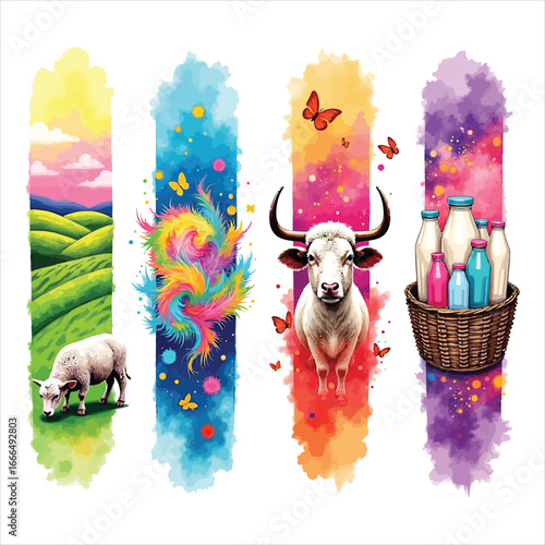 Vibrant farm life scenes with animals and dairy products in abstract watercolor style banners illustration