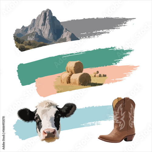 Rustic countryside scene with cow hay bales mountain peak and cowboy boot illustration