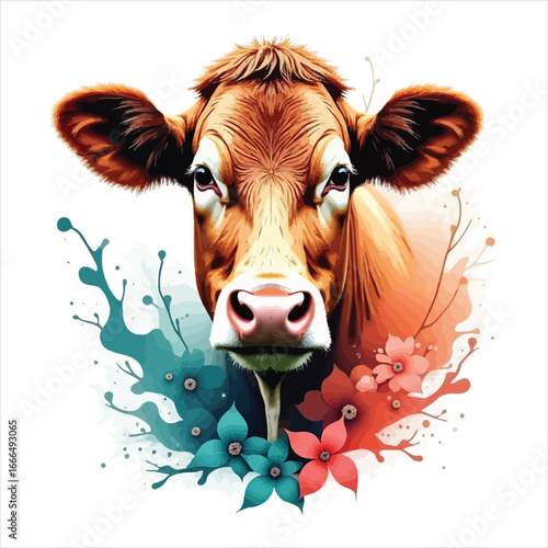 Artistic cow portrait with watercolor splashes and flowers agricultural art illustration