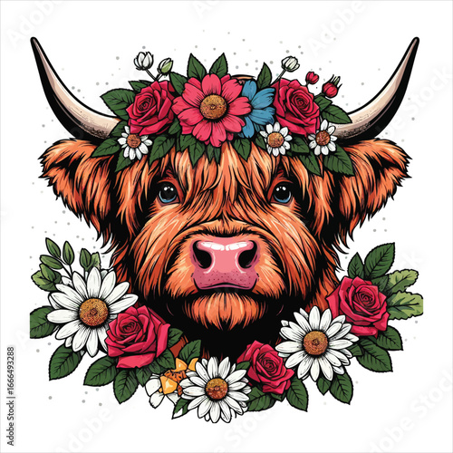 Adorable highland cow with floral crown and bouquet portrait farm animal art illustration