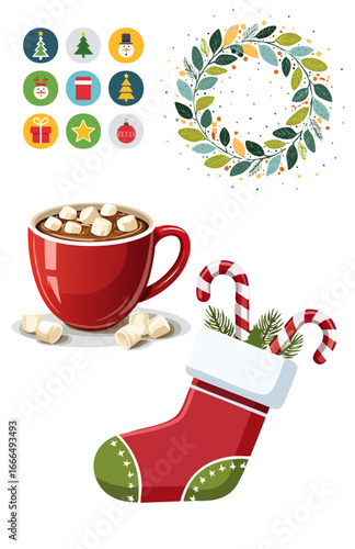 Set of cute editable Christmas icons including wreath, hot cocoa, candy cane, stocking, perfect for modern flat-style Christmas 2025 design, stickers, UI kits, and festive illustrations.
