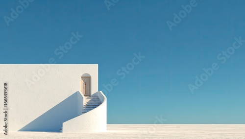 Minimalist white house with spiral staircase, bathed in sunlight