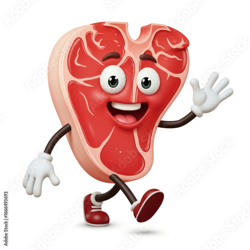 A cheerful cartoon T-bone steak character with arms and legs, waving hello.