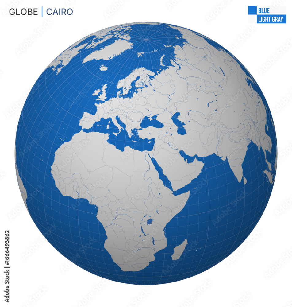 Fototapeta premium Vector Globe centered to Cairo. Blue Light Gray palette. World map with meridians, parallels, countries, rivers and lakes. Vibrant vector illustration.