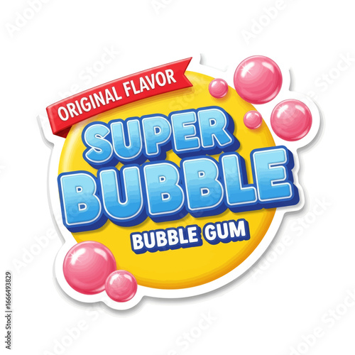 Bright and playful Super Bubble Bubble Gum logo with pink bubbles and original flavor banner on a yellow background.