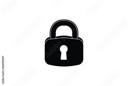 A black and white illustration of a padlock with a keyhole silhouette