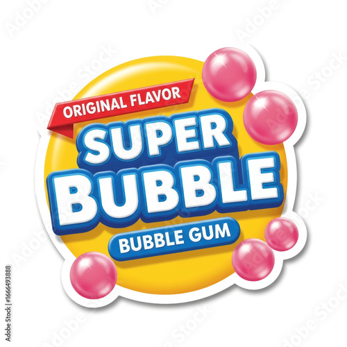 Super Bubble Original Flavor Bubble Gum with Pink Bubbles and Yellow Background.