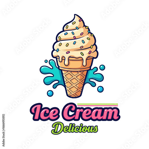 A vibrant cartoon logo featuring a delicious soft-serve ice cream cone with colorful sprinkles and a blue splash.