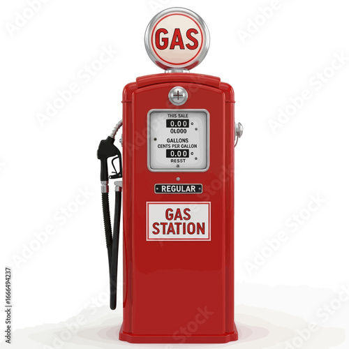 A vibrant red vintage gas pump with a 'GAS' sign on top and 'GAS STATION' on its body.