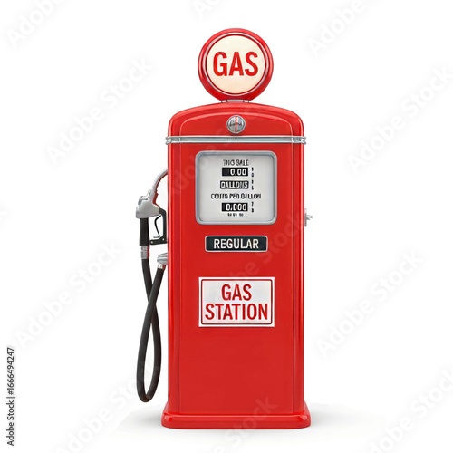 A detailed studio shot of a classic red vintage gas pump with a white sign and a black hose.