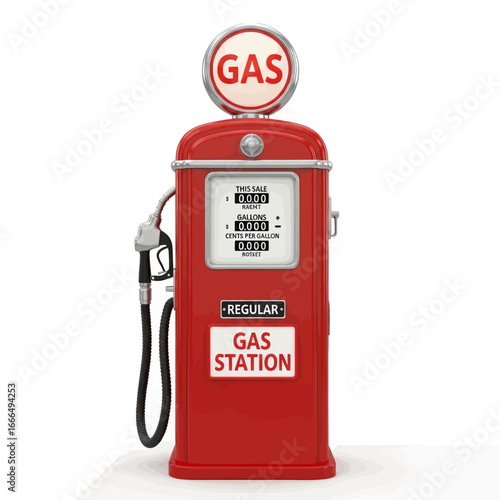 A vintage red gas pump with a round sign on top, isolated on white.