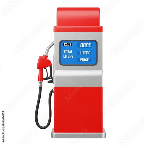 Red gas pump with digital display showing price and liters.