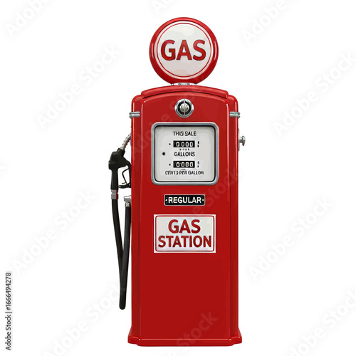 A vintage red gasoline pump with a classic design, featuring a circular 'GAS' sign and a mechanical dial, isolated against a plain white background.