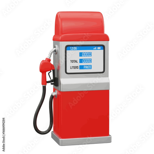 A red and silver fuel pump dispenser with a digital display for gasoline or diesel.