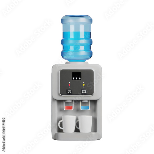 A modern grey water cooler dispenser with a large blue bottle on top, featuring hot and cold taps and two white mugs, isolated on a white background.