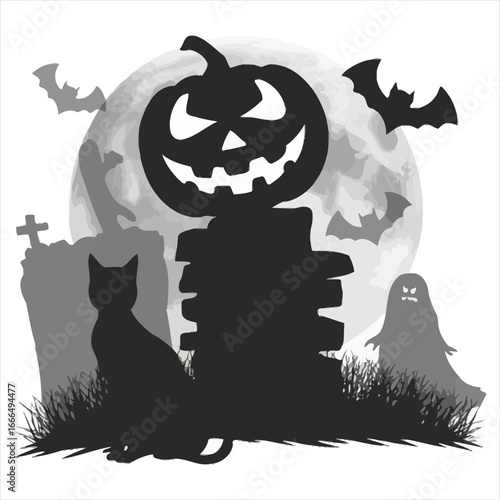 Spooky halloween night scene with jack o lantern black cat ghost bats and full moon illustration