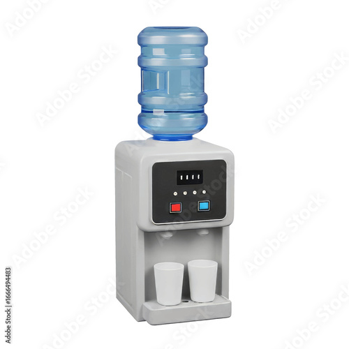 A close-up shot of a modern, compact water cooler with a full water bottle on top.