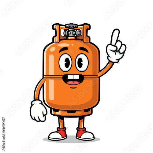 Cartoon orange gas cylinder character with a happy face, arms, and legs, pointing a finger upwards.