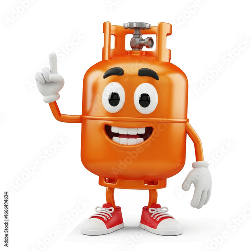 Animated orange gas cylinder character with happy expression, pointing upwards.
