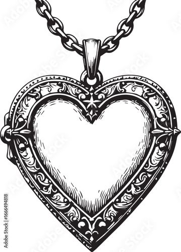 Ornate Heart Locket: An exquisitely detailed vintage locket in the shape of a heart, suspended by a delicate chain, radiates timeless elegance and romance.