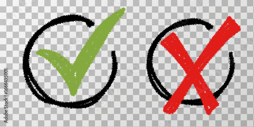 Brush, marker drawn green check mark and red cross circle icon. YES and NO acceptance and rejection symbol vector buttons for vote, election choice.