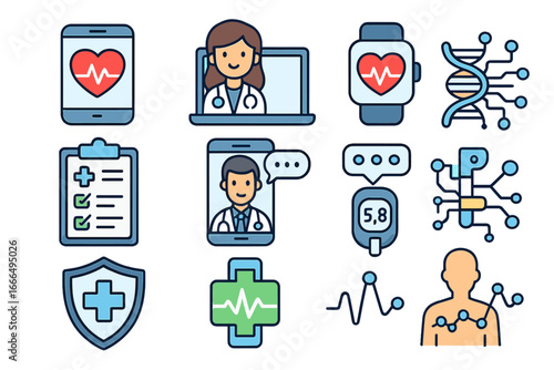 Modern healthcare technology vector icon set. Digital health, telemedicine, online doctor, mobile health app. Wearable smartwatch, heart monitor, glucometer, AI. Cartoon icons.