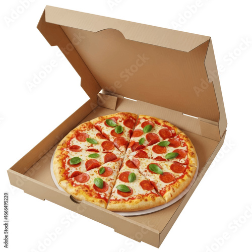 A pepperoni pizza in a cardboard box, ready to eat.