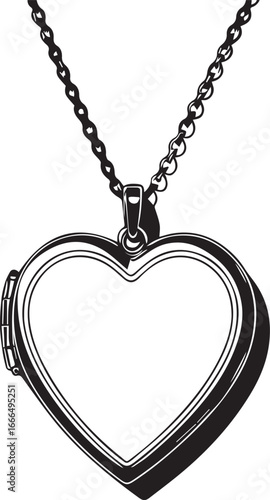 Heart Locket Necklace: A detailed grayscale rendering of a heart-shaped locket pendant, suspended by a delicate chain, symbolizing love and cherished memories.